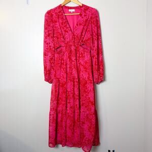 Sofia Jeans Red Pink Floral Maxi Dress Small V-Neck Long Sleeve Flowy Boho